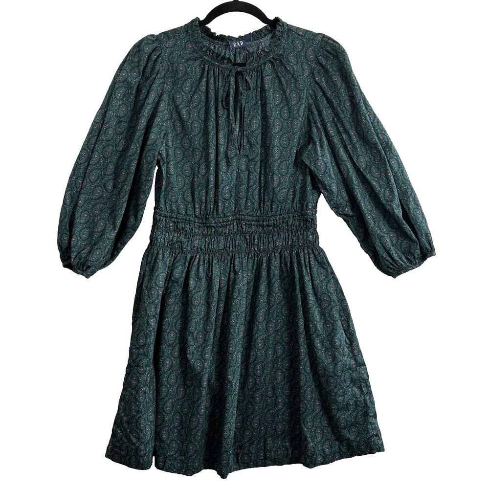 GAP Women Cottagecore Mini Puff Sleeve Smock Pocket Dress Sz M Green 24-16